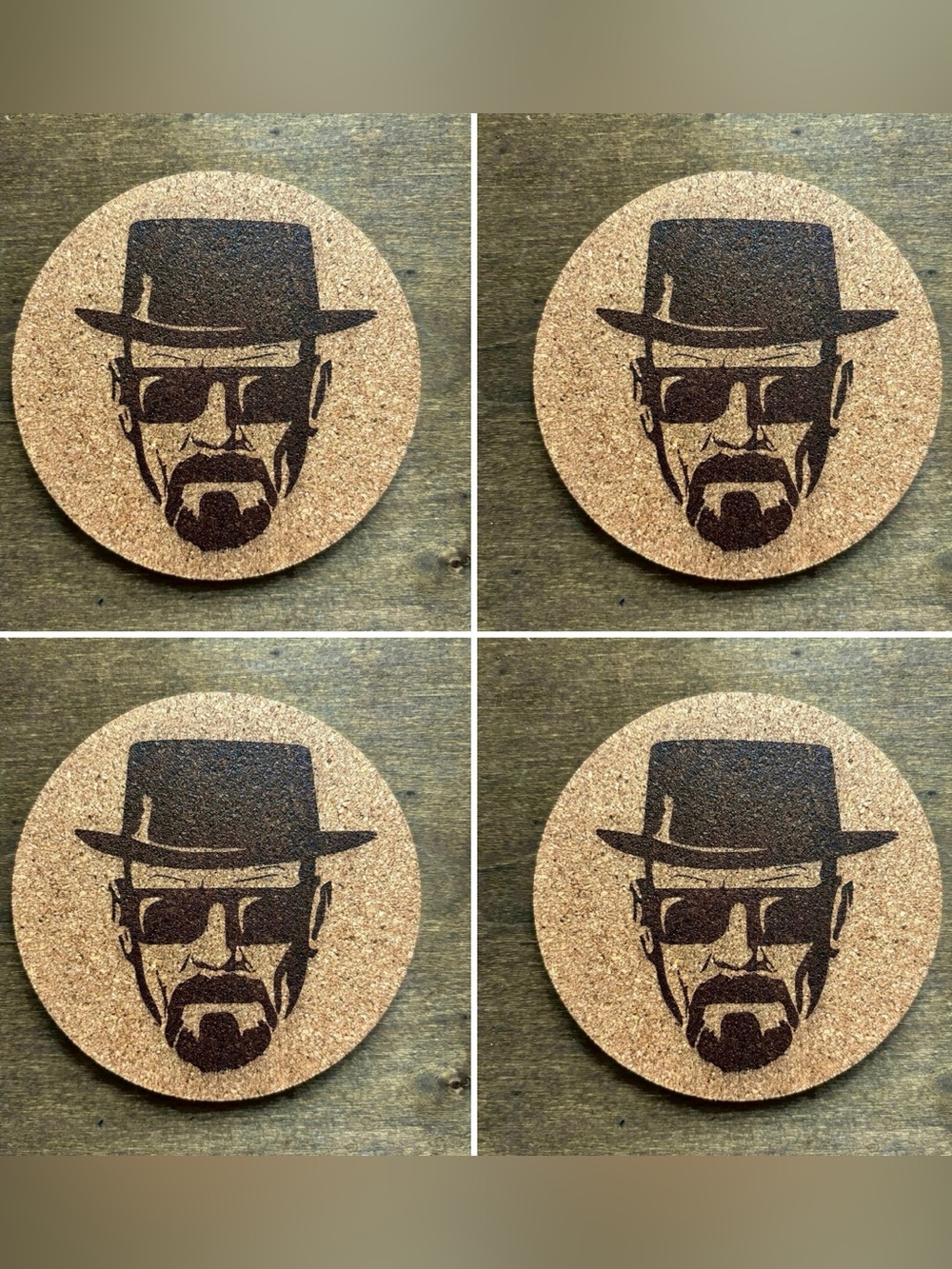 Breaking Bad Heisenberg Laser Engraved Cork Coasters Lot of 4